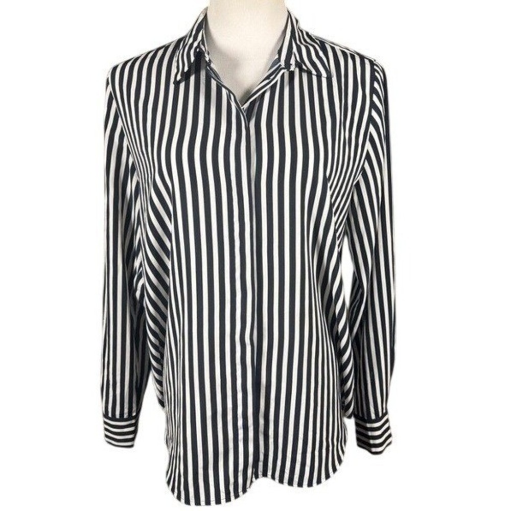 HM Womens Navy Blue White Vertical Stripe Button Down Shirt Size 8 Long Sleeve